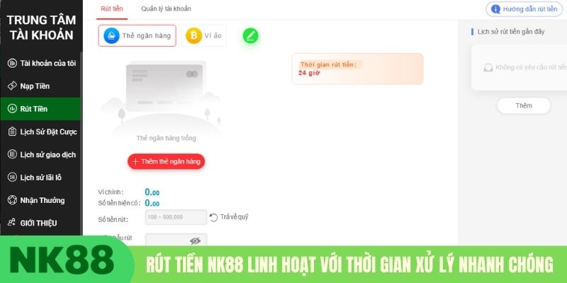 Rút tiền NK88 linh hoạt với thời gian xử lý nhanh chóng